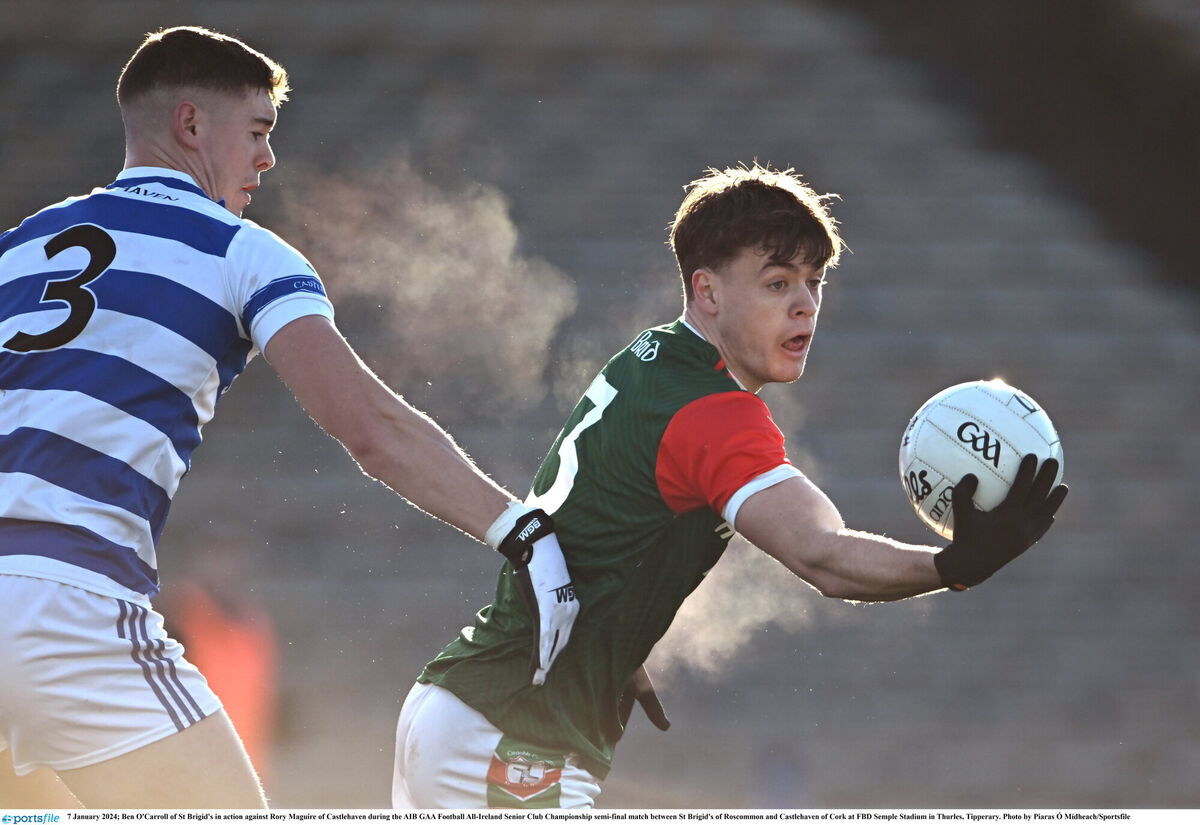 Ben O'Carroll of St Brigid's in action against Rory Maguire of Castlehaven during the All-Ireland SFC semi-final match at FBD Semple Stadium in Thurles. Picture: Piaras Ó Mídheach/Sportsfile