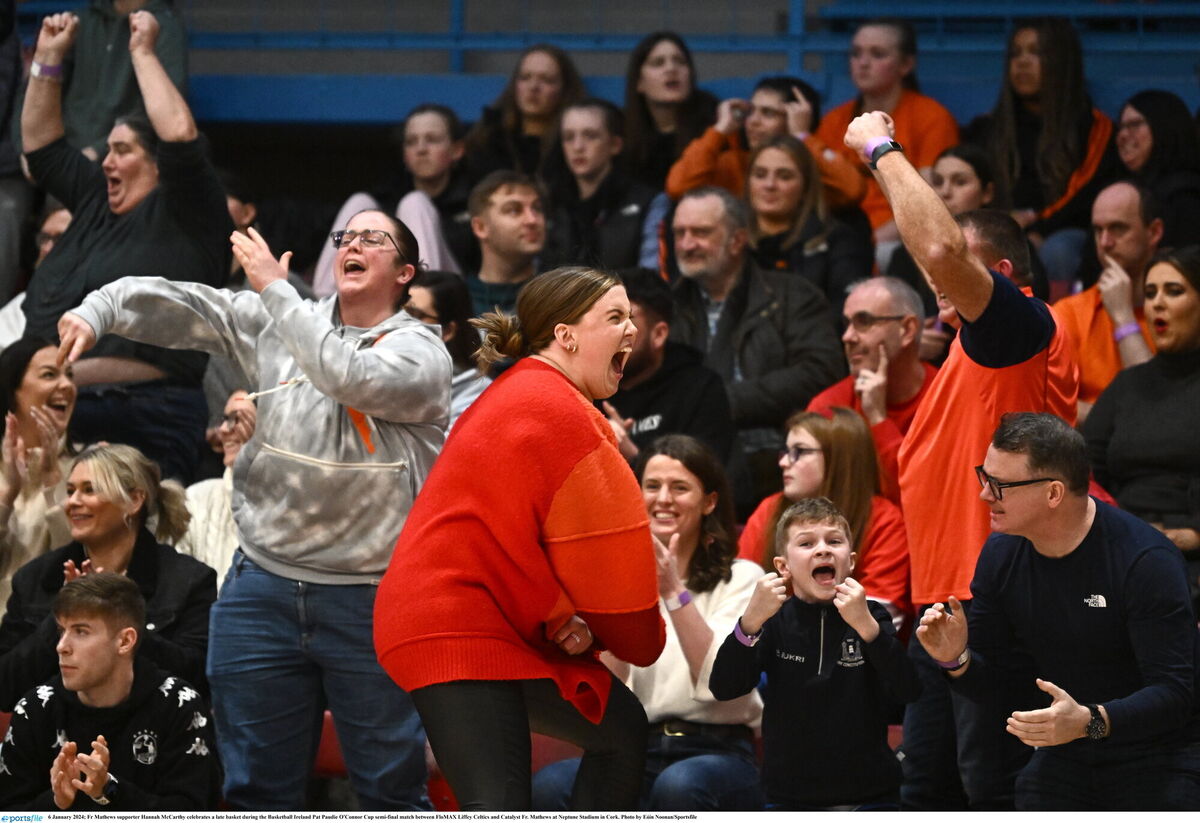 Fr Mathew's supporter Hannah McCarthy celebrates a late basket against FloMAX Liffey Celtics. Picture: Eóin Noonan/Sportsfile