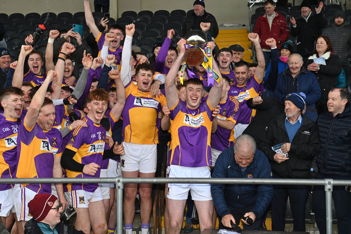 Eoin Davis next to captain Eoghan O'Riordan as he holds the trophy aloft after their win over Feenagh-Kilmeedy in the AIB Munster Club JHC final at Mallow. Picture: Dan Linehan