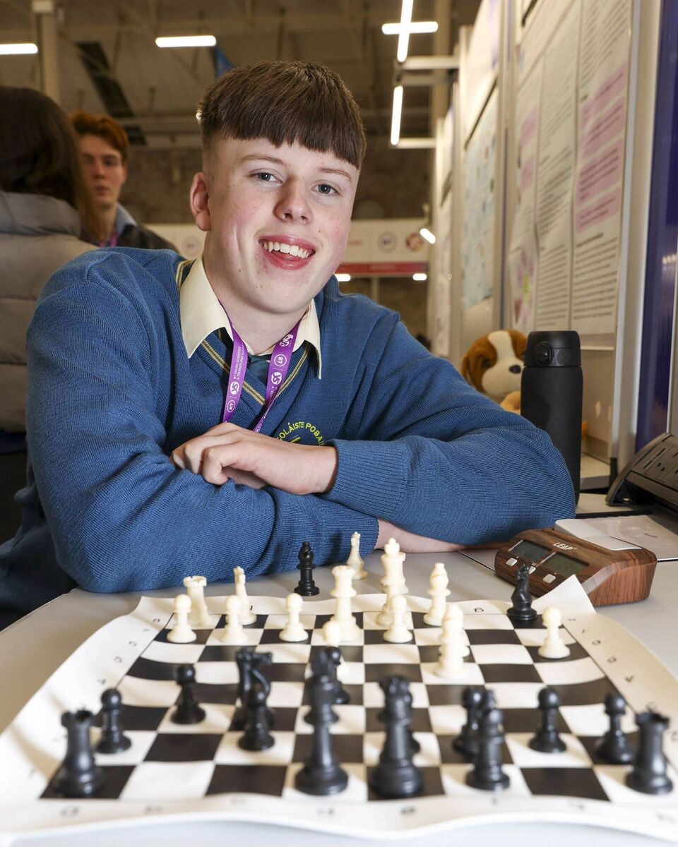 Pictured at the BT Young Scientist and Technology Exhibition 2024 at the RDS Dublin is Cathal Tangney from Glanmire Community College Cork, with his project,'Effects of chess playing on the cognitive ability of elderly people'. Photo: Fennell Photography Pictured at the BT Young Scientist and Technology Exhibition 2024 at the RDS Dublin is Cathal Tangney from Glanmire Community College Cork, with his project,'Effects of chess playing on the cognitive ability of elderly people'. Photo: Fennell Photography