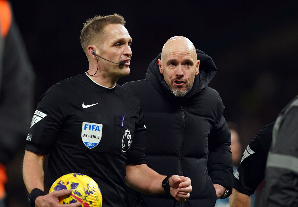 Manchester United manager Erik ten Hag has words with referee Craig Pawson after the Premier League match against Aston Villa at Old Trafford, Manchester. Picture: Martin Rickett/PA Wire Manchester United manager Erik ten Hag has words with referee Craig Pawson after the Premier League match against Aston Villa at Old Trafford, Manchester. Picture: Martin Rickett/PA Wire