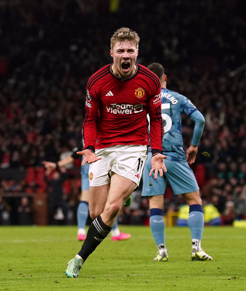 Manchester United's Rasmus Hojlund celebrates scoring his side's third goal of the game against Aston Villa during the Premier League match at Old Trafford, Manchester. Manchester United's Rasmus Hojlund celebrates scoring his side's third goal of the game against Aston Villa during the Premier League match at Old Trafford, Manchester.