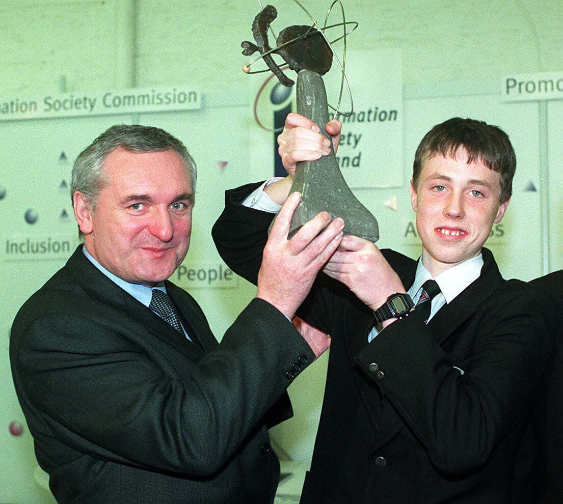 Pictured in 1998: Taoiseach Bertie Ahern with the winner of the Young Scientist Exhibition, Raphael Hurley from Coláiste an Spioraid Naoimh, Bishopstown. Picture: Billy Higgins