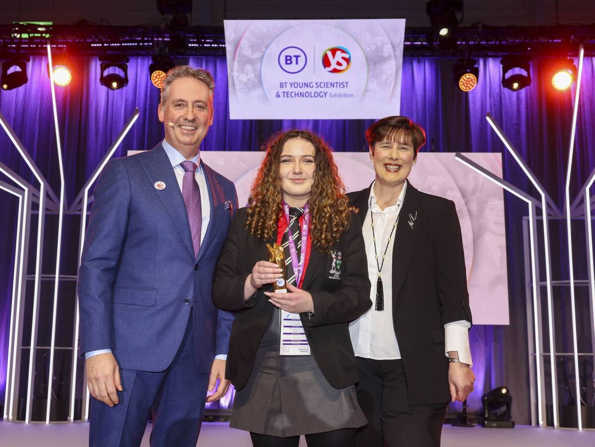 Shay Walsh, Managing Director BT Ireland and Minister for Education Norma Foley TD present the Runner Up Individual Award to Philippa McIntosh from Bandon Grammar School Co Cork for her project 'Beyond numbers: The textual challenge of Junior Cycle maths for Dyslexic Students' at the BT Young Scientist &amp; Technology Exhibition 2024. Fennell Photography 2023