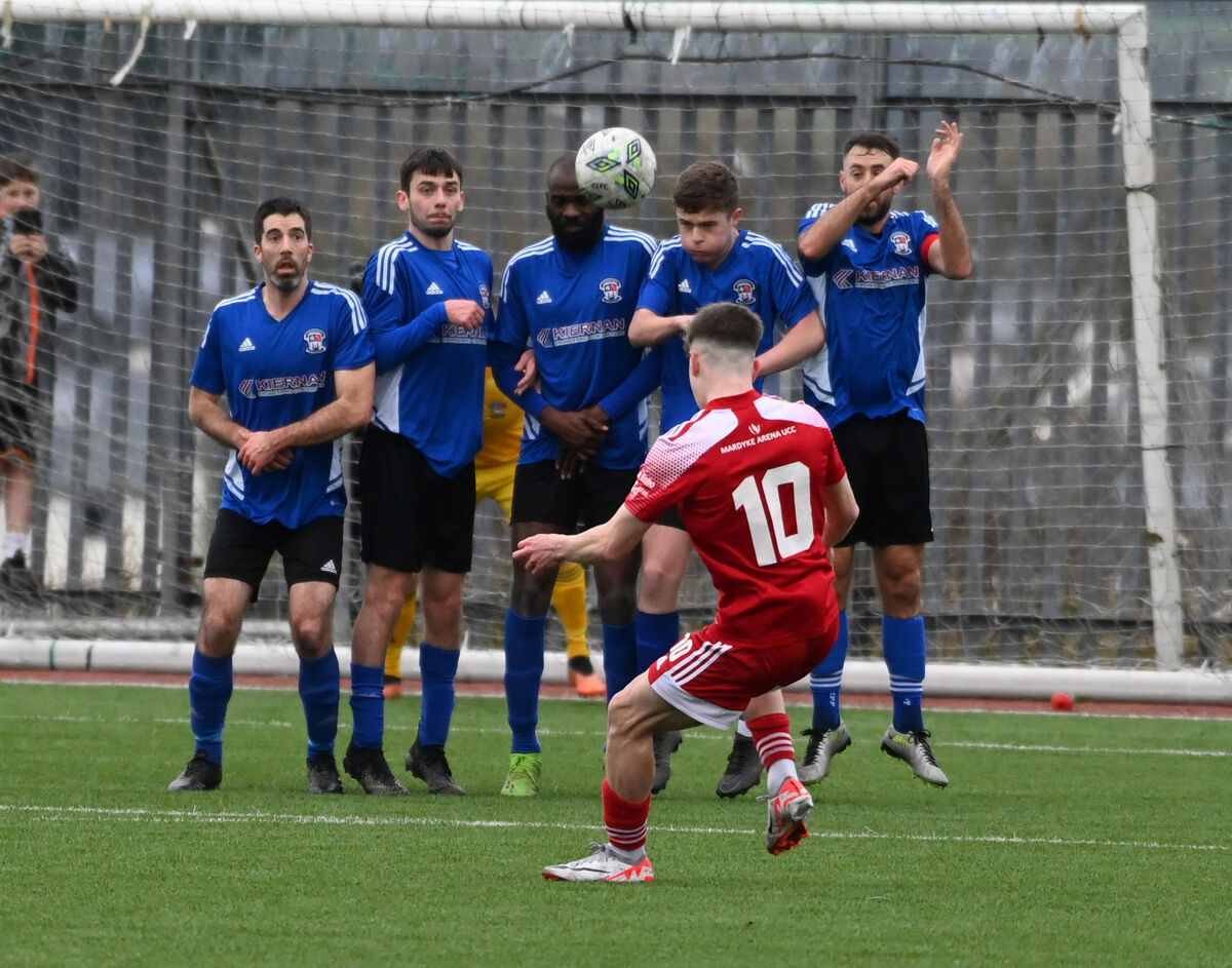 Cork City's Cathal O'Sullivan's free kick goes over the Wilton United wall and wide. Picture: Eddie O'Hare