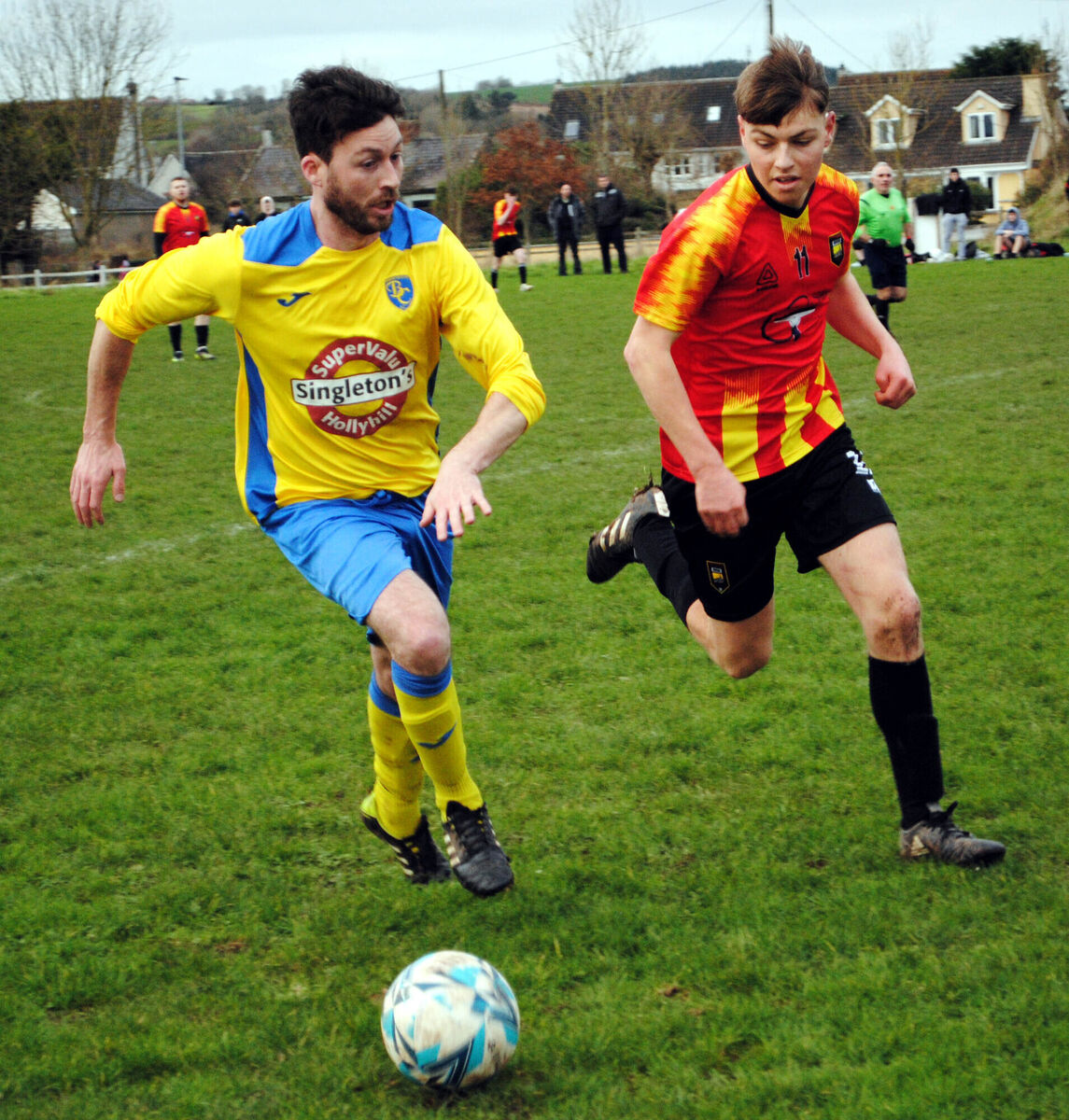 Bweeng Celtic's Conor McCarthy and Imogeela's Kelvin Cody Byrne in a race for possession at Railway Park.
