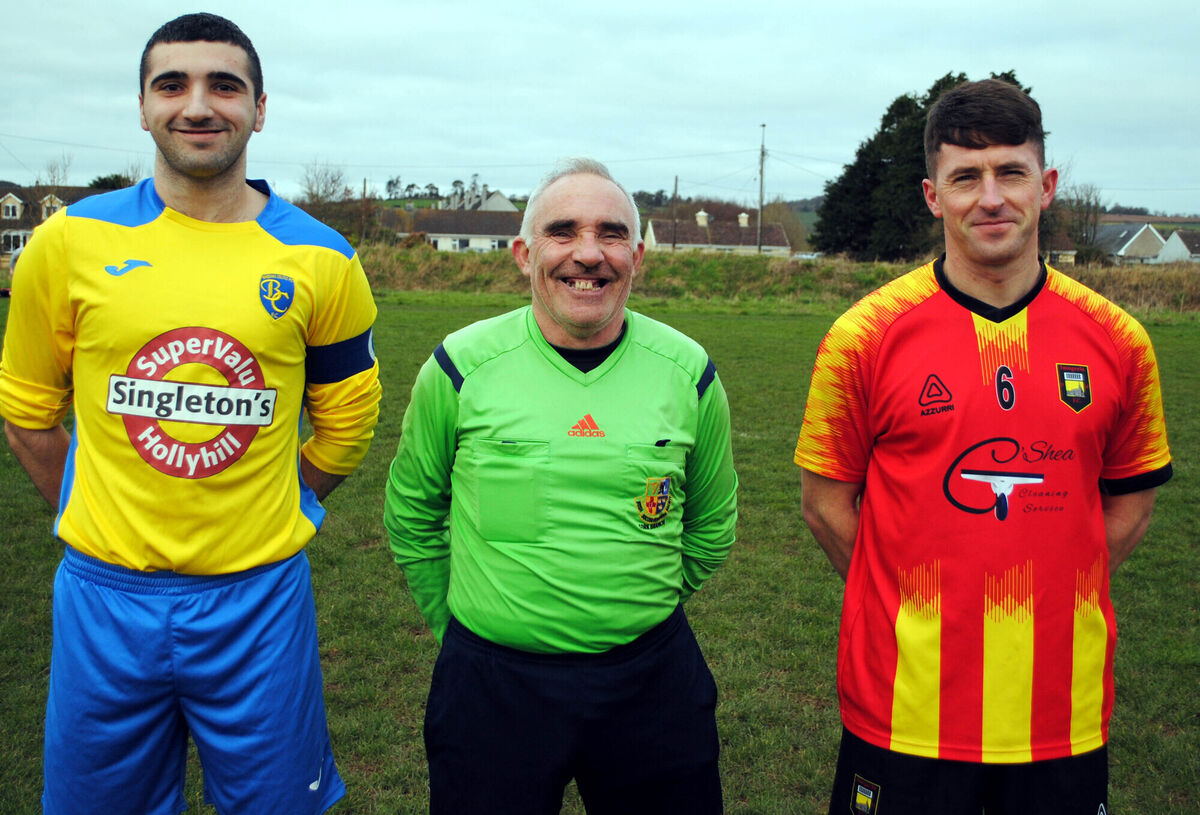 Imogeela FC's Jonathon Clifford (right) with Bweeng Celtic's Eric Fitzgerald, accompanied by referee Tony Thompson.