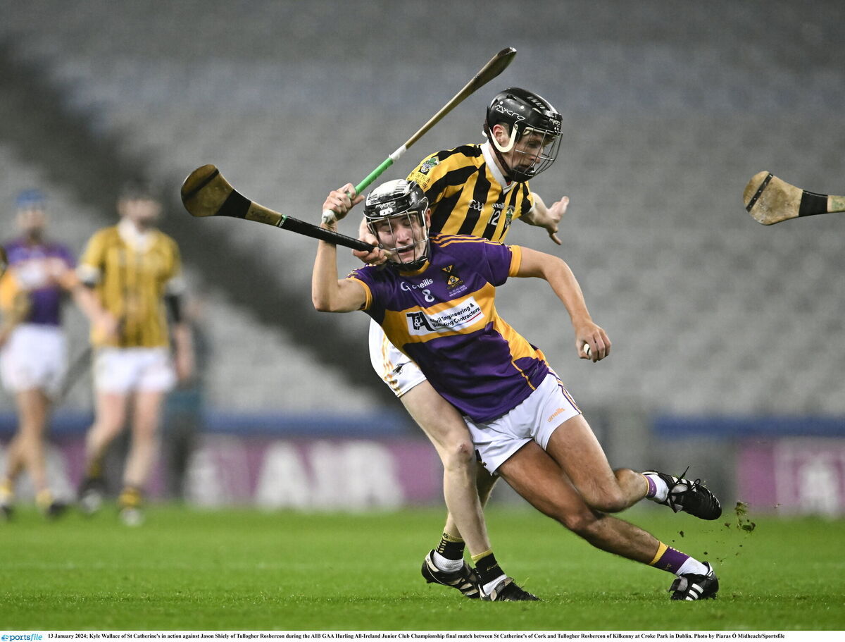 Kyle Wallace of St Catherine's in action against Jason Shiely of Tullogher Rosbercon during the AIB GAA Hurling All-Ireland Junior Club Championship final match between St Catherine's of Cork and Tullogher Rosbercon of Kilkenny at Croke Park in Dublin. Photo by Piaras Ó Mídheach/Sportsfile
