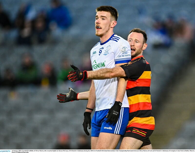 Gearóid Ó Goillidhe of Cill na Martra is marked tightly by Kieran McCooey of St Patrick's Cullyhanna. Picture: Piaras Ó Mídheach/Sportsfile