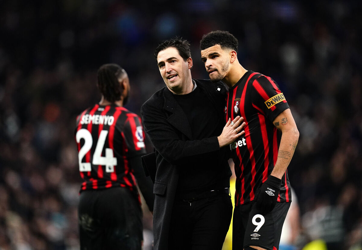 Bournemouth manager Andoni Iraola and Dominic Solanke react following during the Premier League match at the Tottenham Hotspur Stadium, London. Picture date: Sunday December 31, 2023. PA Photo. See PA story SOCCER Tottenham. Photo credit should read: John Walton/PA Wire. Bournemouth manager Andoni Iraola and Dominic Solanke react following during the Premier League match at the Tottenham Hotspur Stadium, London. Picture date: Sunday December 31, 2023. PA Photo. See PA story SOCCER Tottenham. Photo credit should read: John Walton/PA Wire.