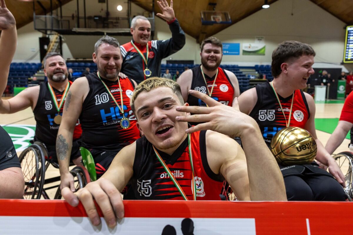 Rebel Wheelers’ Conor Coughlan celebrates winning his fifth Irish Wheelchair Association National Cup final. Picture: INPHO/Morgan Treacy