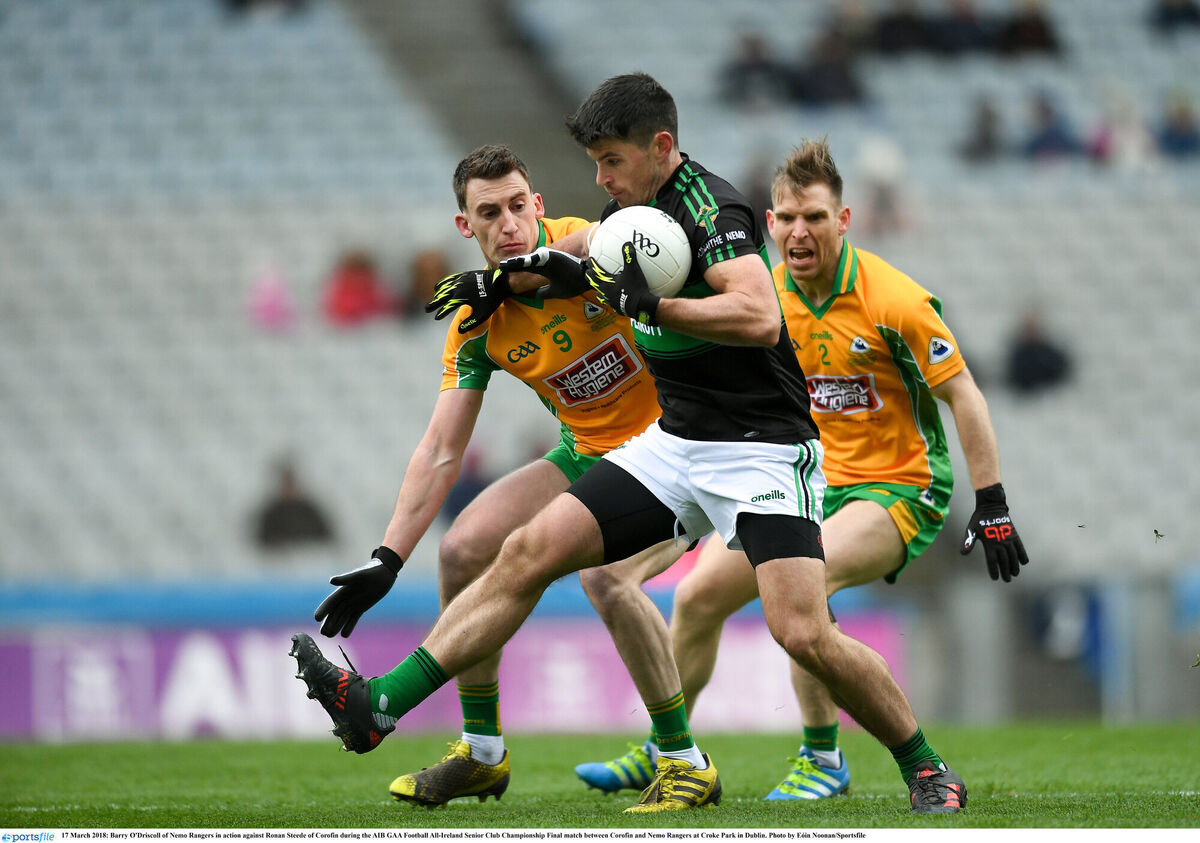 Barry O'Driscoll of Nemo Rangers in action against Ronan Steede of Corofin during the 2018 AIB All-Ireland Club final at Croke Park. Picture: Eóin Noonan/Sportsfile Barry O'Driscoll of Nemo Rangers in action against Ronan Steede of Corofin during the 2018 AIB All-Ireland Club final at Croke Park. Picture: Eóin Noonan/Sportsfile