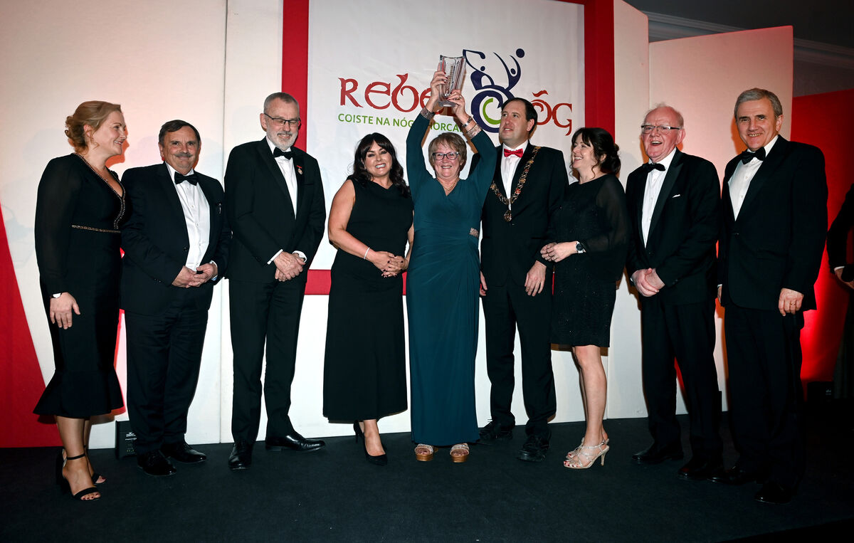 Mairead O'Callaghan, 'Hall of Fame' winner with from left, Norina O'Callaghan, Clayton Hotel Silversprings; Mick Evans judging panel; GAA president Larry McCarthy; Grainne Murnane, RedFM; The Lord Mayor Cllr Kieran McCarthy, Grainne McGuinness, Editor The Echo, Kevin Cummins, Cummins sports and Michael O'Mahony, chairman Rebel Og at the Rebel Og annual awards banquet, sponsored by Clayton Hotel, Silver Springs, with Cummins sports award sponsors and media partners The Echo and RedFM. Picture: Eddie O'Hare