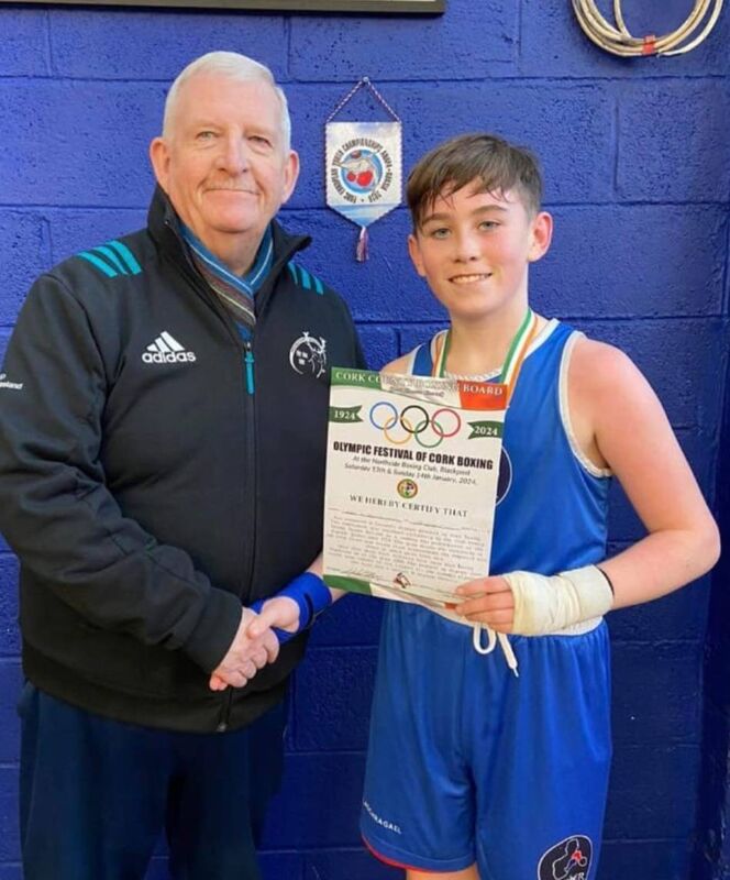 Cork Boxing: County Board secretary Michael O'Brien presented Leon O'Sullivan, Togher with his cert and medal at the Olympic Boxing Tournament in The Northside Boxing Club. 