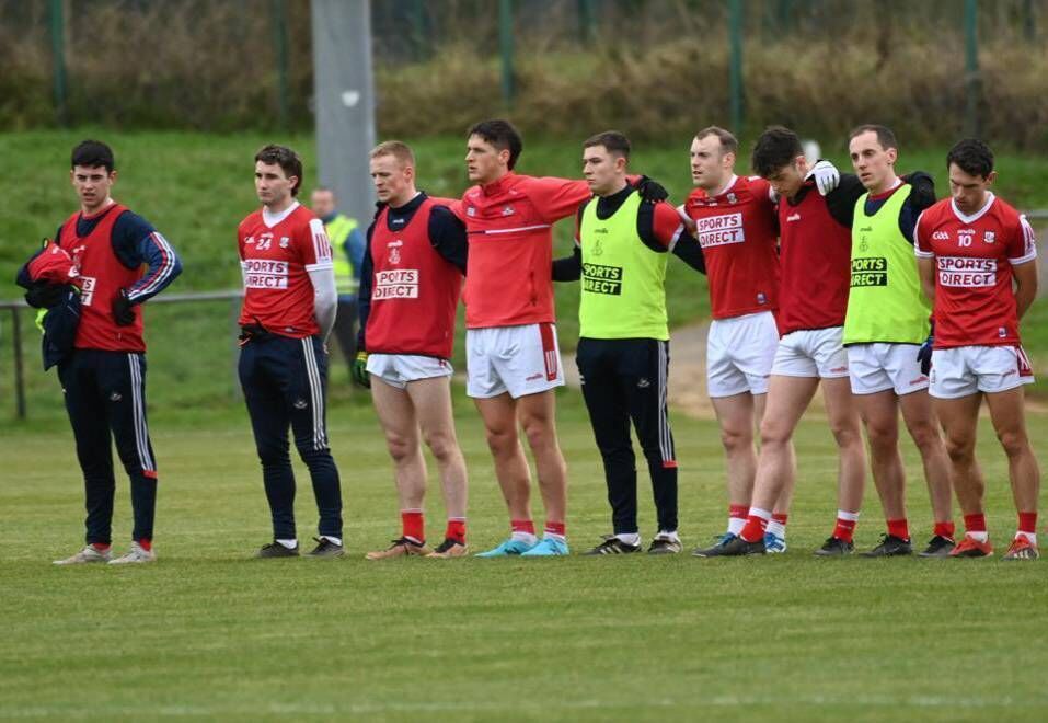 Donnacha Desmond third in from the right before Cork v Waterford in the McGrath Cup in Mallow nine days ago. Picture: Eddie O'Hare