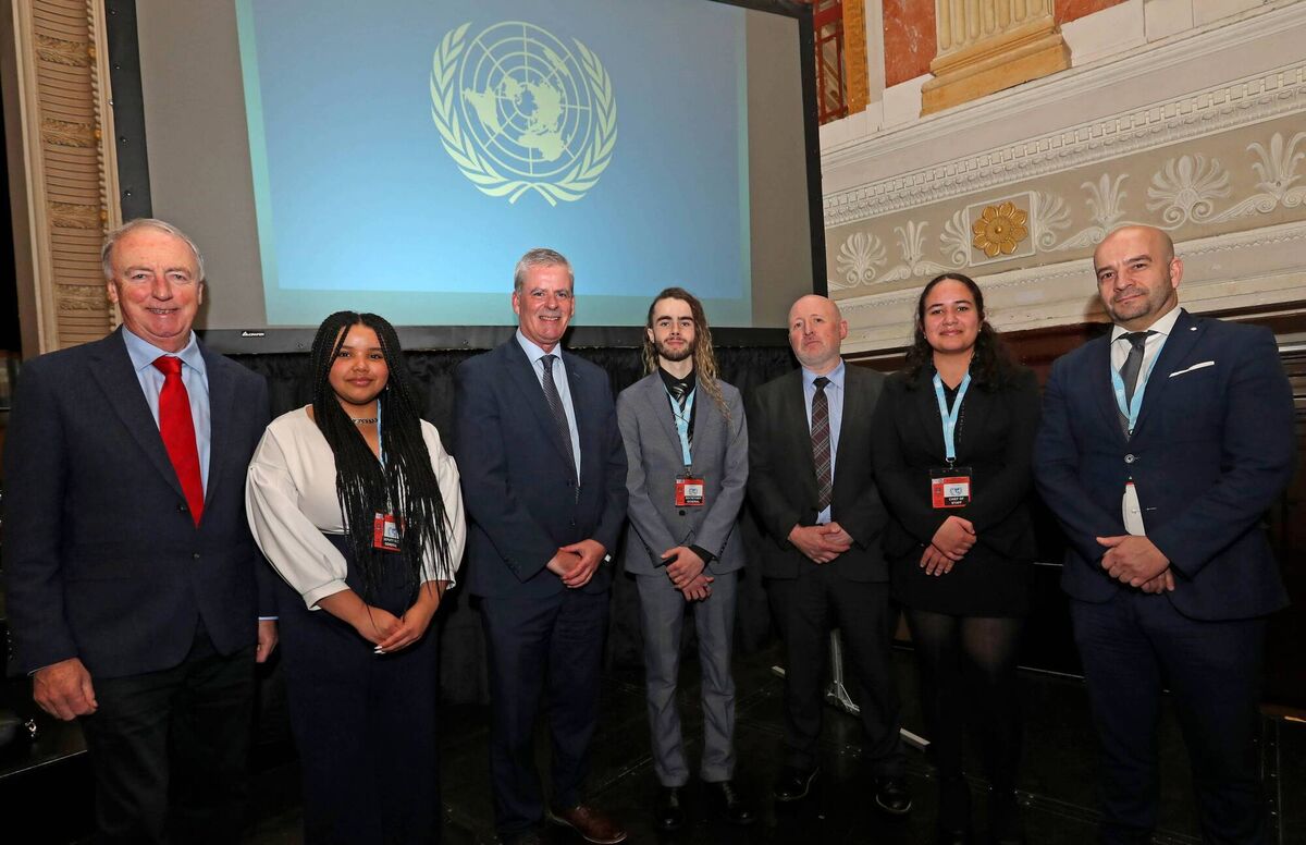 Noel O'Connor, chairperson Board of Management Davis College, Mallow; Saoirse Onyemekeihia, deputy secretary general; Denis Leamy, chief executive Cork ETB; Noah Cahill, secretary general; Stephen Gilbert, principal Davis College, Mallow; Emily Ramsamy Guerin, chief of staff and Jose Horta, event organiser and deputy principal Davis College, Mallow  at Day One of the 2024 Model United Nations. Picture: Jim Coughlan.