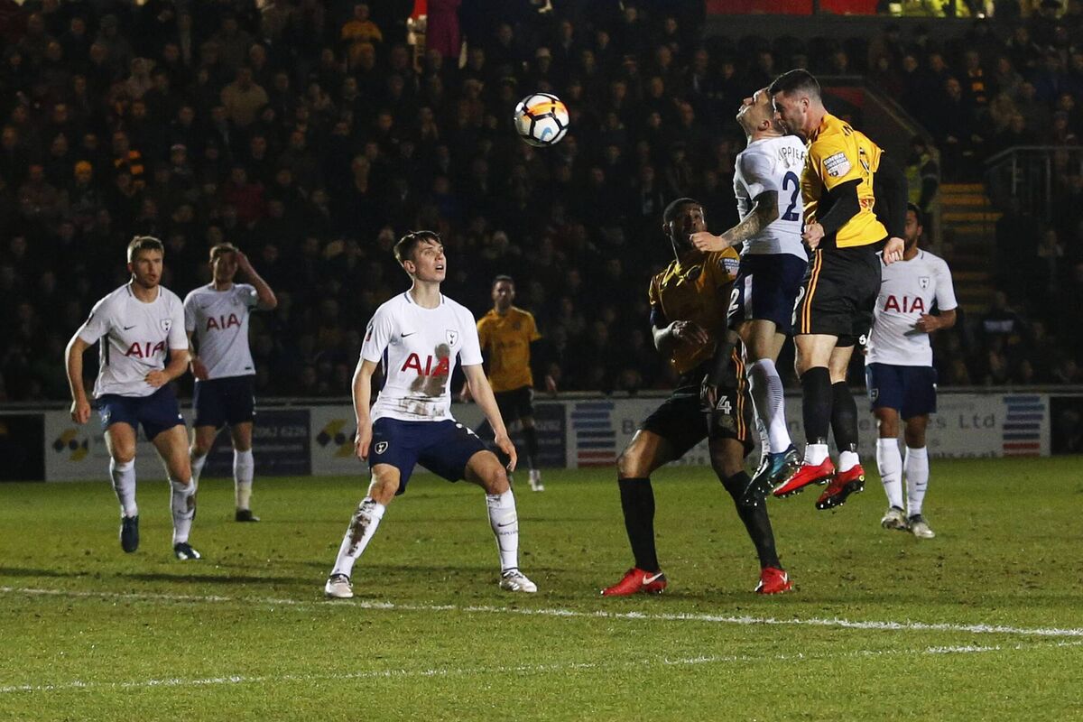  Padraig Amond of Newport County scores his side's first goal of the match during the Fly Emirates FA Cup Fourth Round match against Tottenham Hotspur at Rodney Parade on January 27, 2018 in Newport, Wales. Picture: Athena Pictures/Getty Images