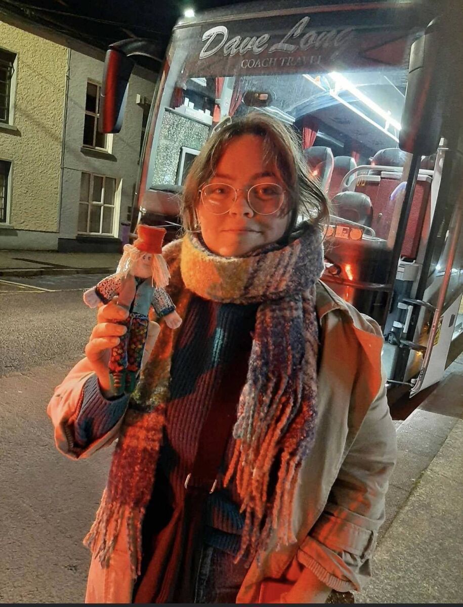 Doll Seamus with Owen's daughter Mair Kelly, leaving Skibbereen