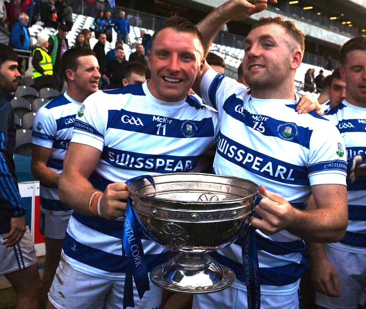 Castlehaven brothers Brian and Michael Hurley with the Andy Scannell trophy after defeating Nemo Rangers in the Premier SFC final last year at Páirc Uí Chaoimh. Picture: Eddie O'Hare