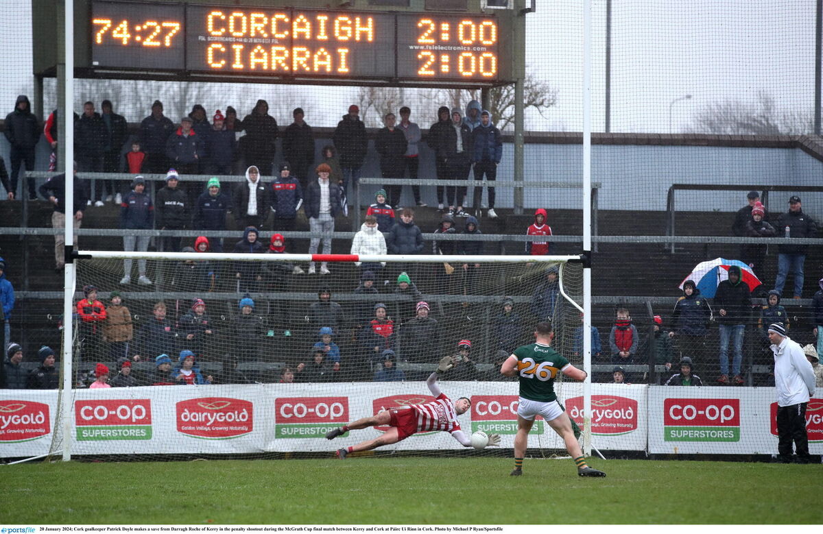 Cork goalkeeper Patrick Doyle makes a save from Darragh Roche of Kerry in the penalty shootout. Picture: Michael P Ryan/Sportsfile