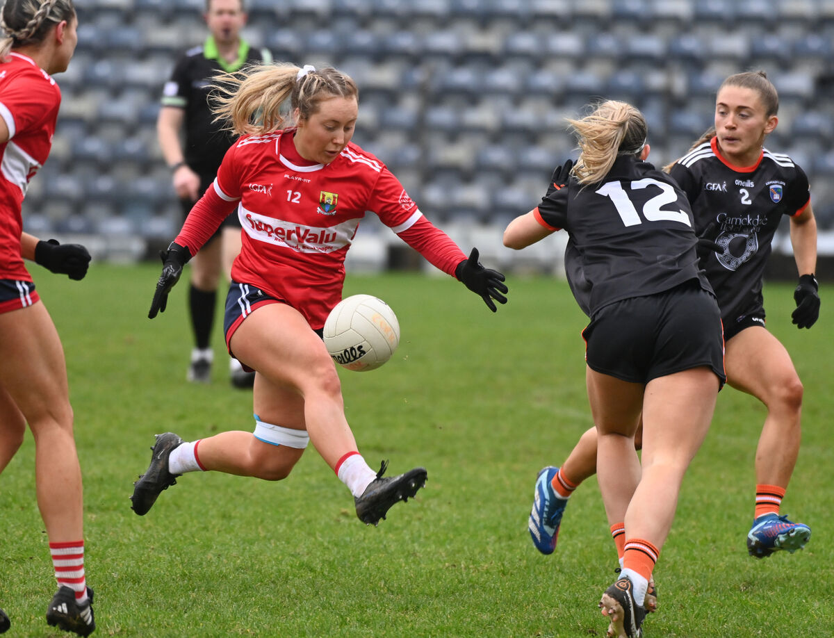 Cork's Sadhbh O'Leary takes on Armagh's Sarah Quigley and Grace Ferguson during the Lidl ladies NFL at Páirc Uí Rinn. Picture: Eddie O'Hare Cork's Sadhbh O'Leary takes on Armagh's Sarah Quigley and Grace Ferguson during the Lidl ladies NFL at Páirc Uí Rinn. Picture: Eddie O'Hare