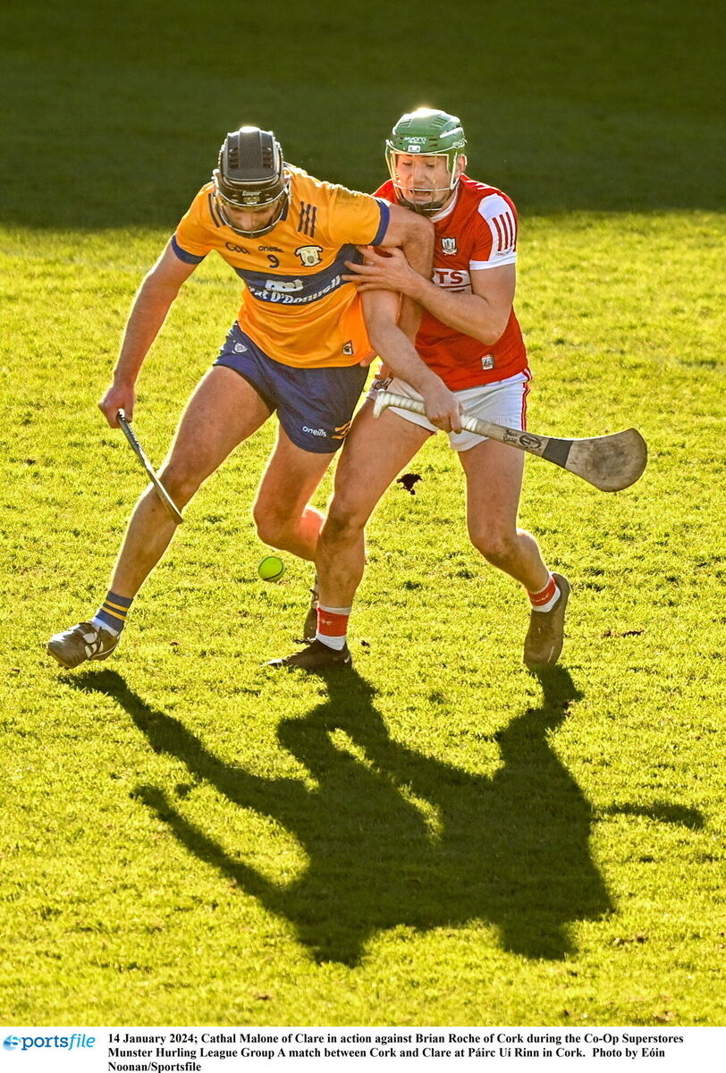 Cork's Brian Roche battles against Cathal Malone of Clare during the Co-op SuperStores Munster Hurling League game at Páirc Uí Rinn earlier this month. Picture: Eóin Noonan/Sportsfile