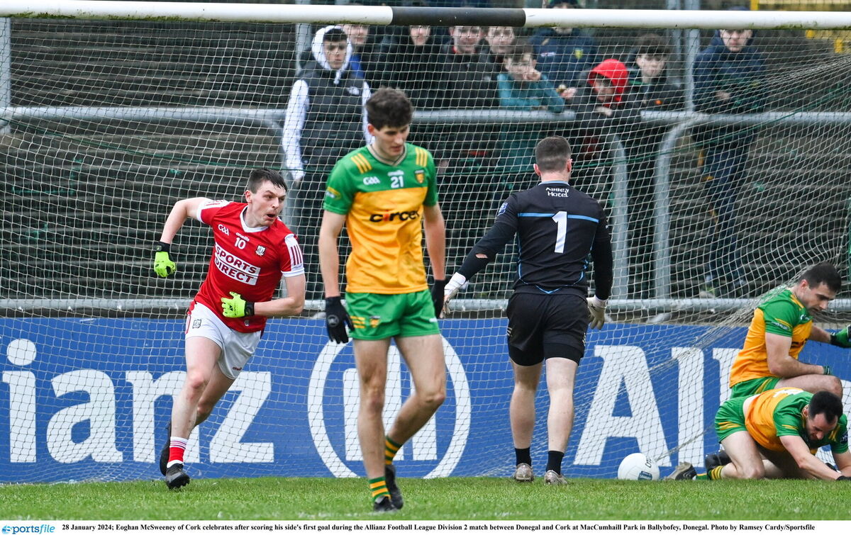 Eoghan McSweeney of Cork celebrates after scoring his side's goal during the Allianz football league Division 2 match in Ballybofey. Picture: Ramsey Cardy/Sportsfile Eoghan McSweeney of Cork celebrates after scoring his side's goal during the Allianz football league Division 2 match in Ballybofey. Picture: Ramsey Cardy/Sportsfile