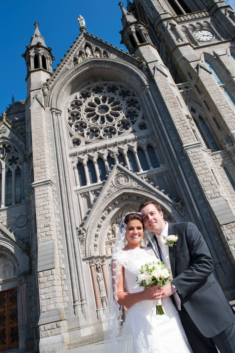 Sinead Sheppard,  her husband Eamonn O'Caoimh  at Cobh Cathedral, Cork, on their wedding day. Picture: David Clynch. 