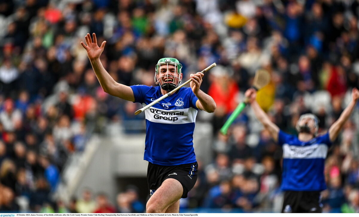 James Sweeney of Sarsfields celebrates after the Cork County Premier Senior Club Hurling Championship final between Sarsfields and Midleton at Páirc Uí Chaoimh in Cork. Picture: Eóin Noonan/Sportsfile