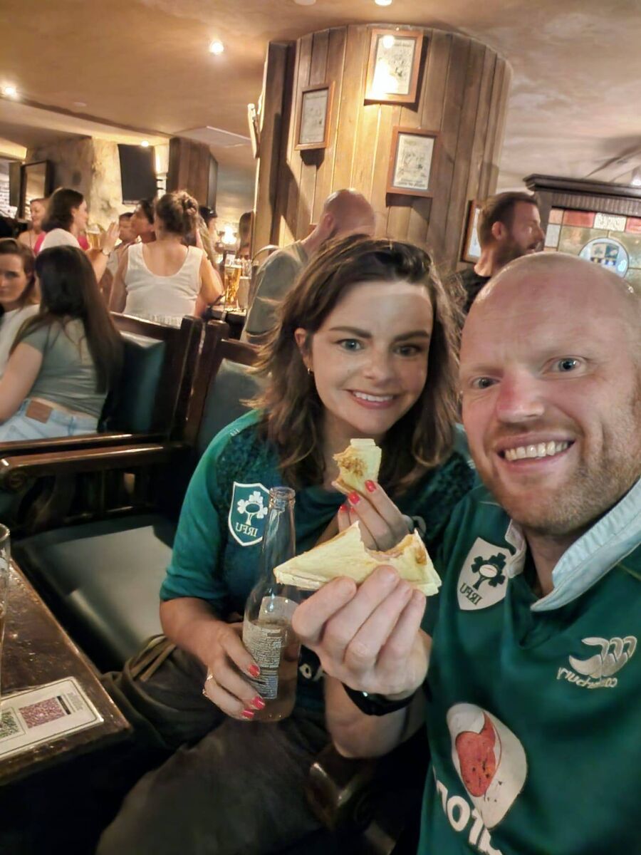 Sally Jeffery and husband Andy, up early for the Ireland Vs New Zealand game, in Singapore,a 3am kick off.