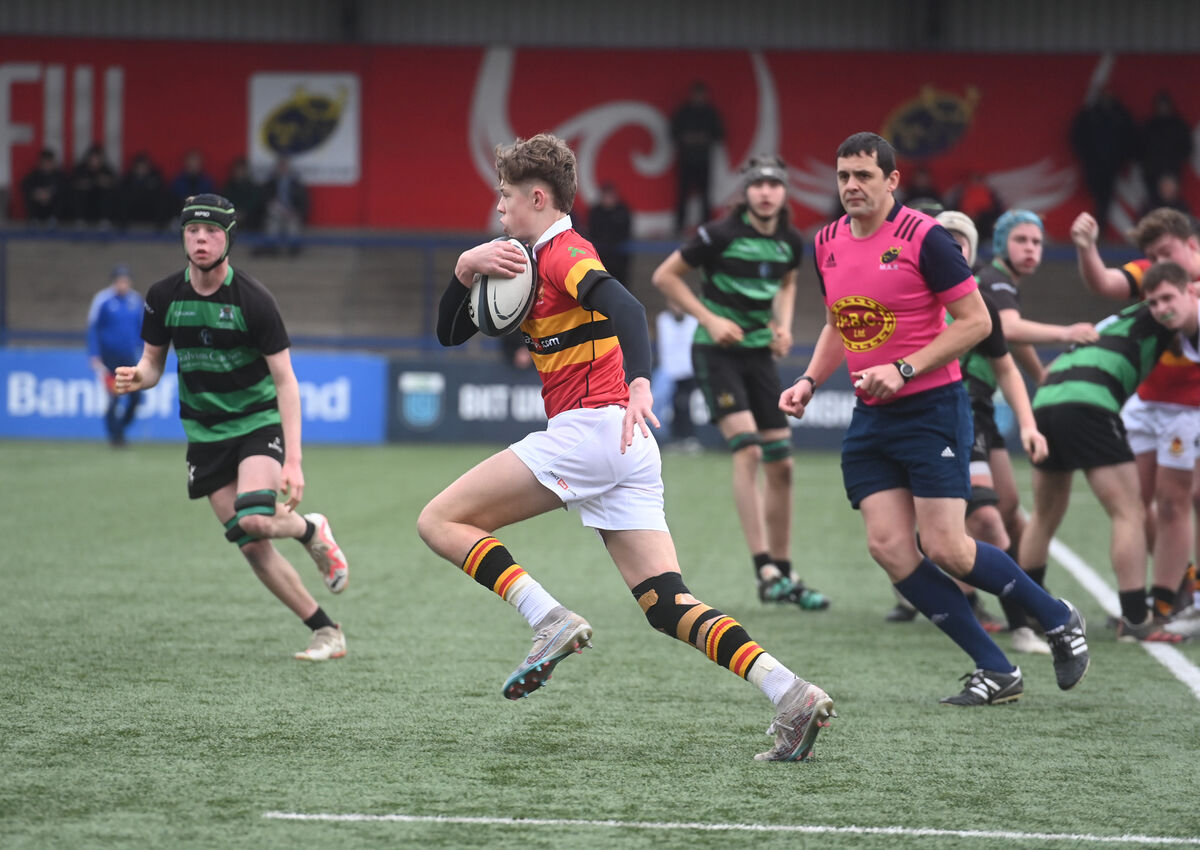  First half subsitute James Martin had an immediate impact for Christian Brorthers College when he came on against Bandon Grammar School in the Munster Schools Junior Rugby Cup, Round 1 (quarter final qualifer) Bandon Grammar School vs Christian Brothers College at Virgin Media Park. Pic Larry Cummins