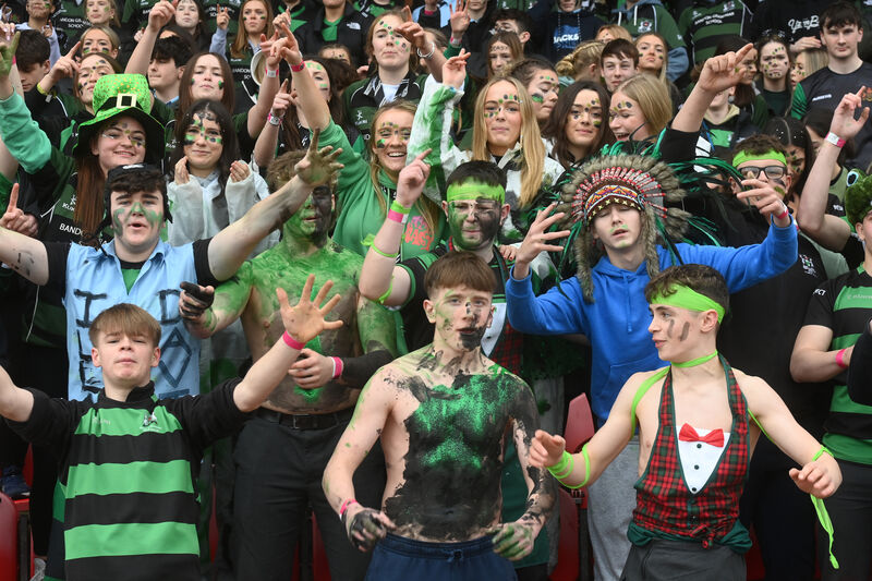  Supporters for Bandon Grammar School cheer on their team in the Munster Schools Junior Rugby Cup, Round 1 (quarter final qualifer) Bandon Grammar School vs Christian Brothers College at Virgin Media Park. Pic Larry Cummins