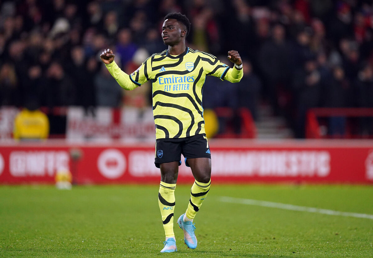 Arsenal's Bukayo Saka celebrates scoring his sides second goal during the Premier League match at the City Ground, Nottingham. Picture: Mike Egerton/PA Wire.