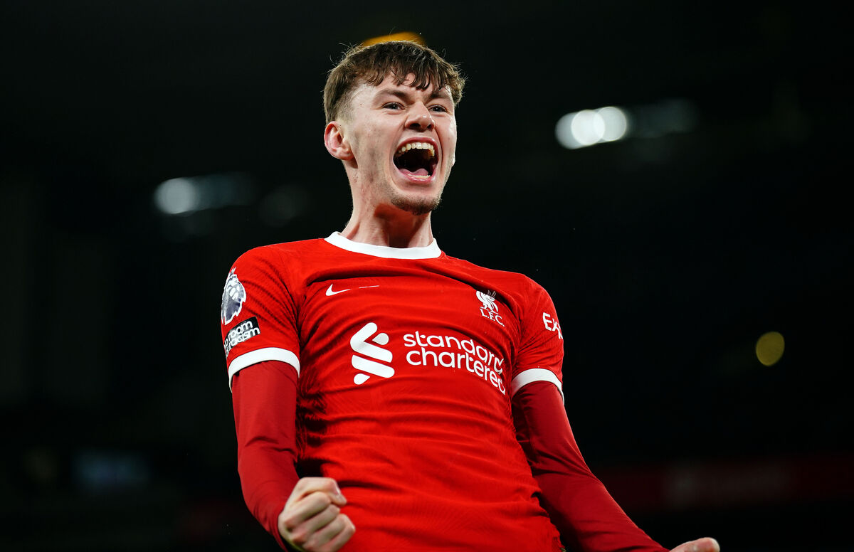 Liverpool's Conor Bradley celebrates after assisting their side's third goal of the game scored by Dominik Szoboszlai during the Premier League match at Anfield, Liverpool. 