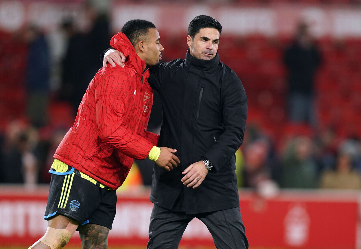 Arsenal manager Mikel Arteta with Gabriel Jesus (left) following the Premier League match  win at the City Ground, Nottingham. Picture: Mike Egerton/PA Wire