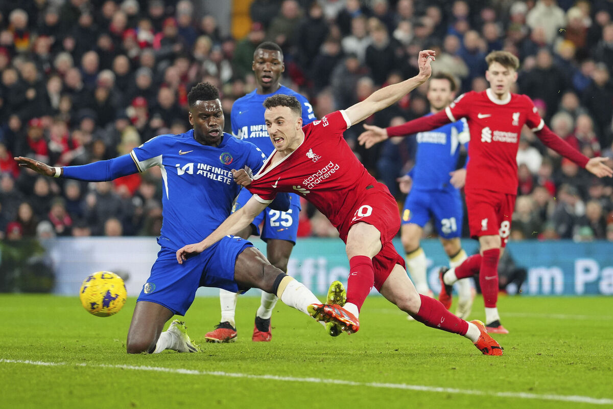 Liverpool's Diogo Jota scores his side's first goal during the English Premier League soccer match between Liverpool and Chelsea, at Anfield Stadium, Liverpool, Picture:AP Photo/Jon Super