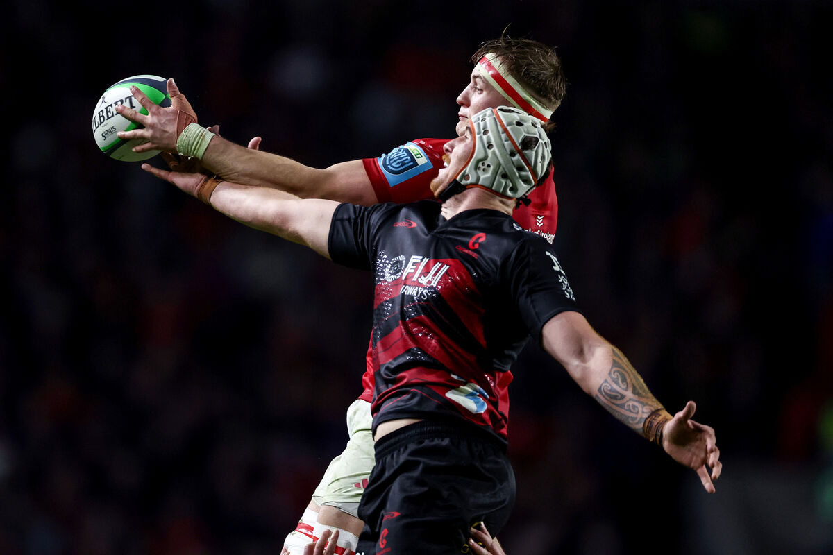 Munster's Gavin Coombes competes at the lineout with Tahlor Cahill of Crusaders. Picture: INPHO/Ben Brady Munster's Gavin Coombes competes at the lineout with Tahlor Cahill of Crusaders. Picture: INPHO/Ben Brady