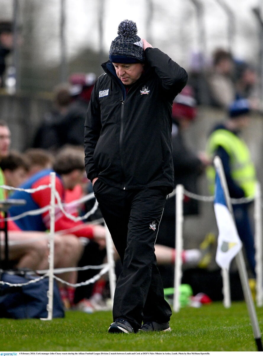 Cork manager John Cleary reacts during the Allianz Division 2 football league match at DEFY Páirc Mhuire in Ardee. Picture: Ben McShane/Sportsfile Cork manager John Cleary reacts during the Allianz Division 2 football league match at DEFY Páirc Mhuire in Ardee. Picture: Ben McShane/Sportsfile