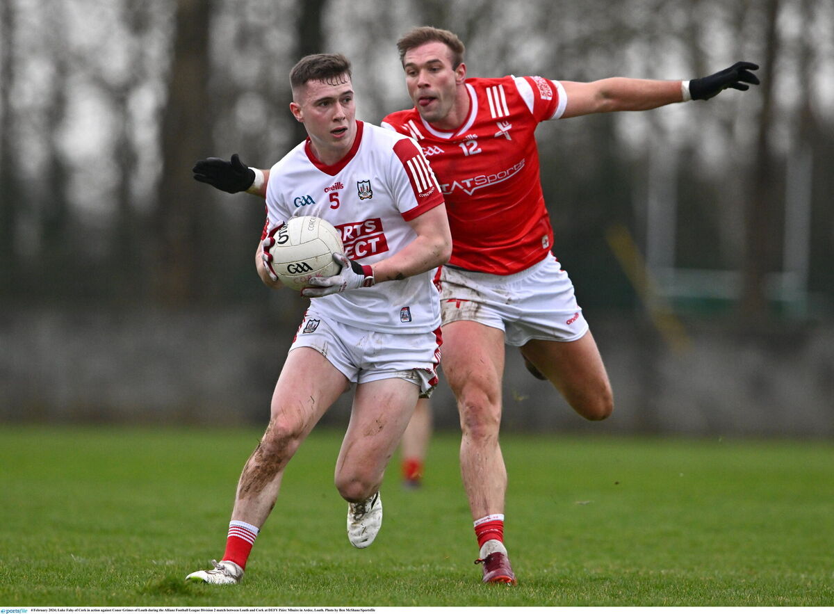 Cork's Luke Fahy on the move action against Conor Grimes of Louth during the Allianz Division 2 football league match at DEFY Páirc Mhuire in Ardee. Picture: Ben McShane/Sportsfile Cork's Luke Fahy on the move action against Conor Grimes of Louth during the Allianz Division 2 football league match at DEFY Páirc Mhuire in Ardee. Picture: Ben McShane/Sportsfile
