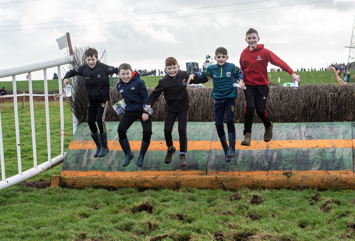  Jumping the last fence were Jack Healy, Ciaran O'Donovan, Mark Cotter, Rían O'Connell and Aidan O'Connor at the Pigeon Hill &amp; Carrigtwohill Point-to-Point races at Ballyvodock, Carrigtwohill, Cork. Picture Dan Linehan