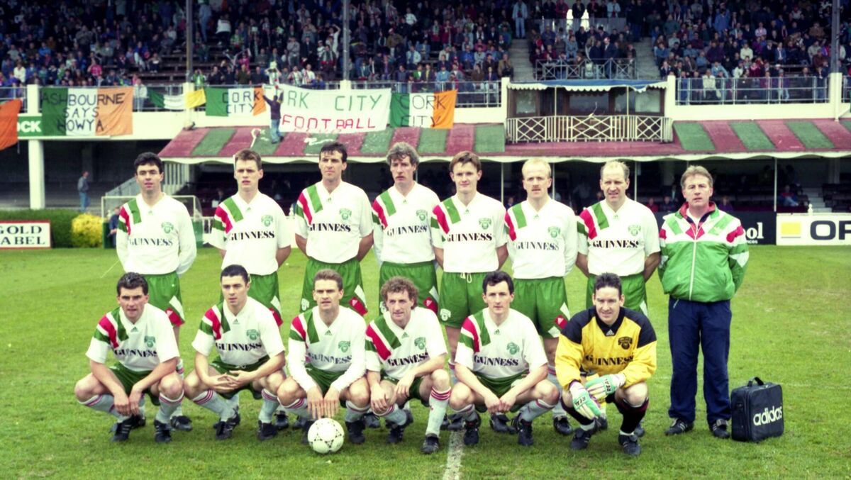 Cork City, winners of the League of Ireland Premier Championship. Back: Cormac Cotter, Stephen Napier, Johnny Glynn, Paul Bannon, Anthony Buckley, Liam Murphy, Dave Barry and Tim Carey, Physio. Front: Pat Morley, Fergus O'Donoghue, Declan Daly, Captain: Gerry McCabe, John Caulfield and Phil Harrington. Picture Eddie O'Hare