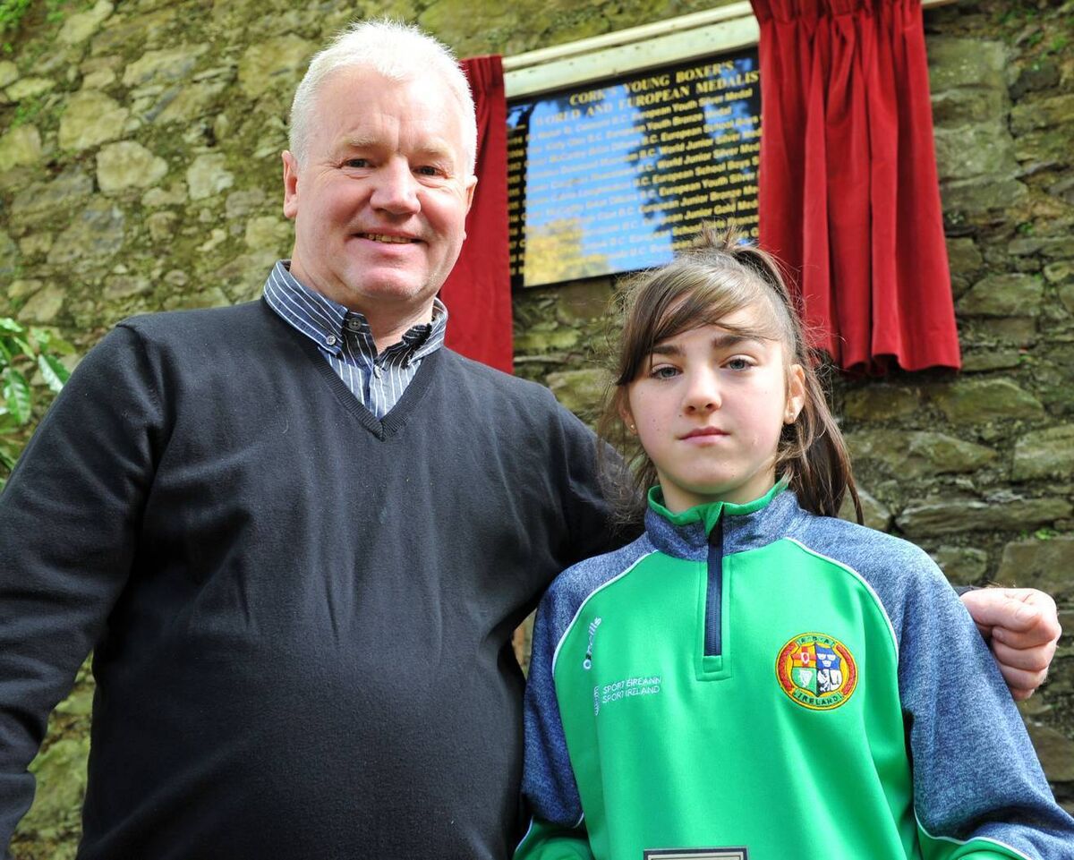 IABA Convention Weekend, Cork. - European Bronze Medallist Katie O'Keeffe of Kanturk BC pictured with her coach Jim McConville at the unveiling of the plaque bearing her name in Bishop Lucey Park. Picture: Doug Minihane.