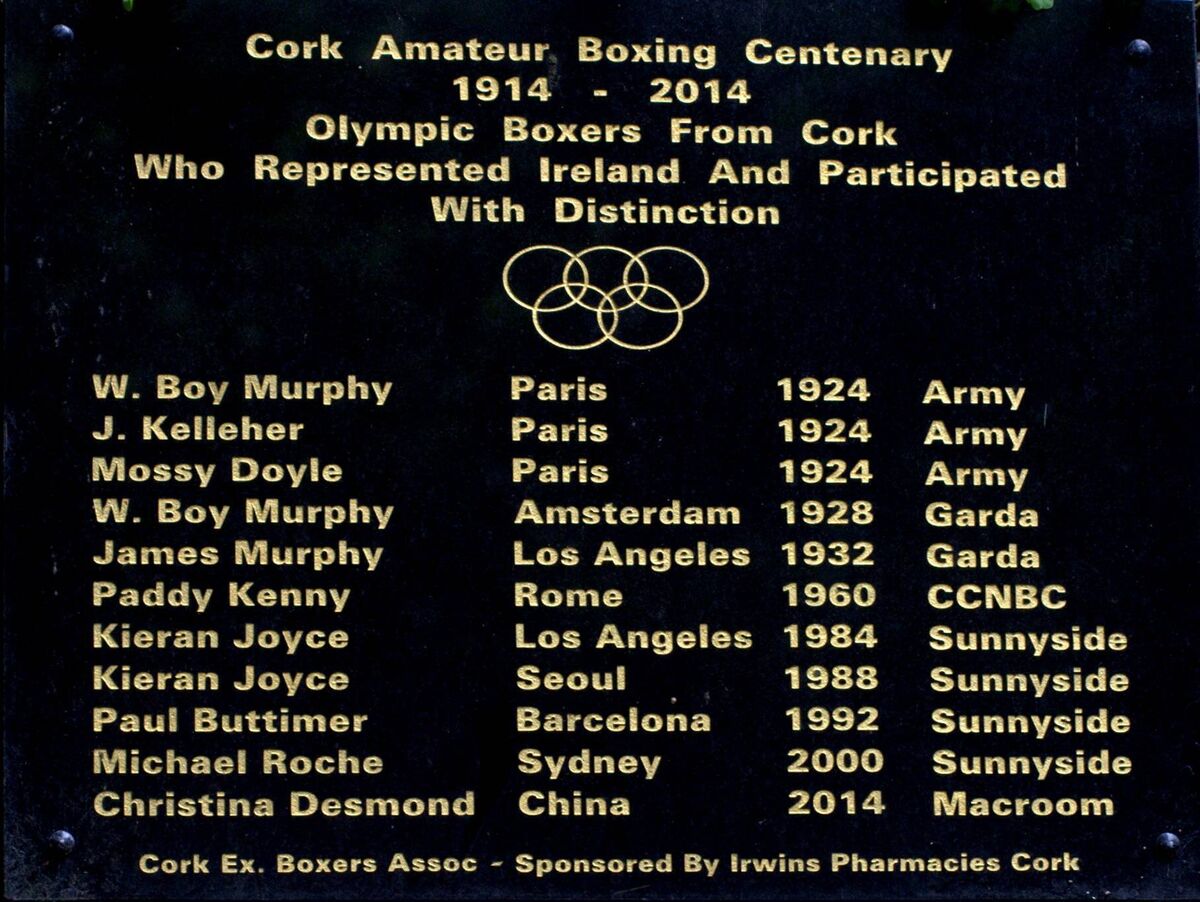 The plaque at Bishop Lucy Park in Cork celebrates all Cork boxers who have participated in the Olympic Games since 1924 and was unveiled to coincide with Cork boxing's 100th anniversary.Photo: Doug Minihane The plaque at Bishop Lucy Park in Cork celebrates all Cork boxers who have participated in the Olympic Games since 1924 and was unveiled to coincide with Cork boxing's 100th anniversary.Photo: Doug Minihane