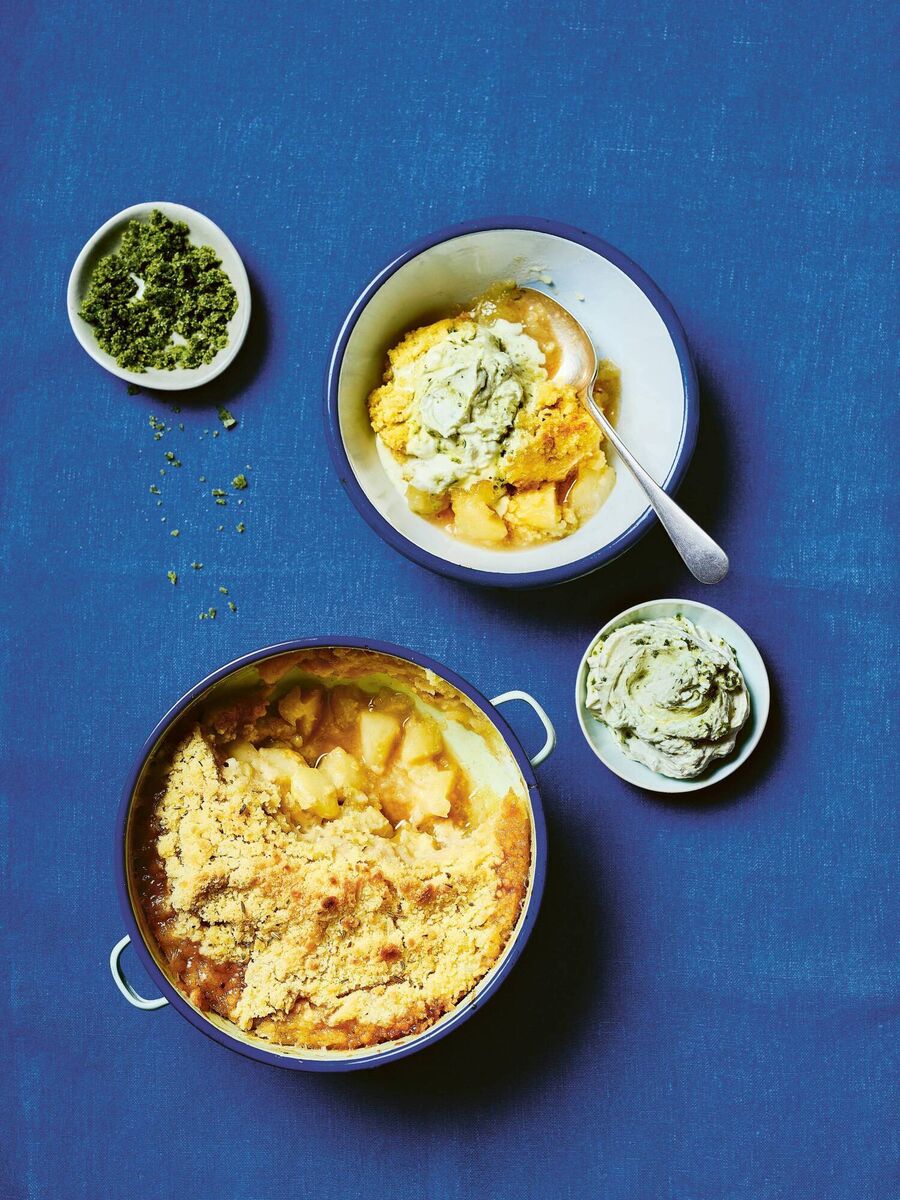 Sweet-and-sour apple crumble with sweet basil cream. Sweet-and-sour apple crumble with sweet basil cream.