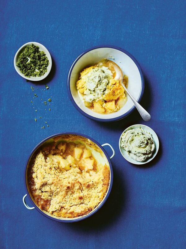 Sweet-and-sour apple crumble with sweet basil cream.