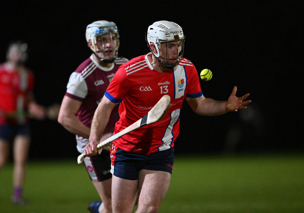 James Mulcahy of MTU Cork in action against Conor Walsh of University of Galway in the Electric Ireland Fitzgibbon Cup quarter-final at Dangan, Galway. Photo: Ray Ryan