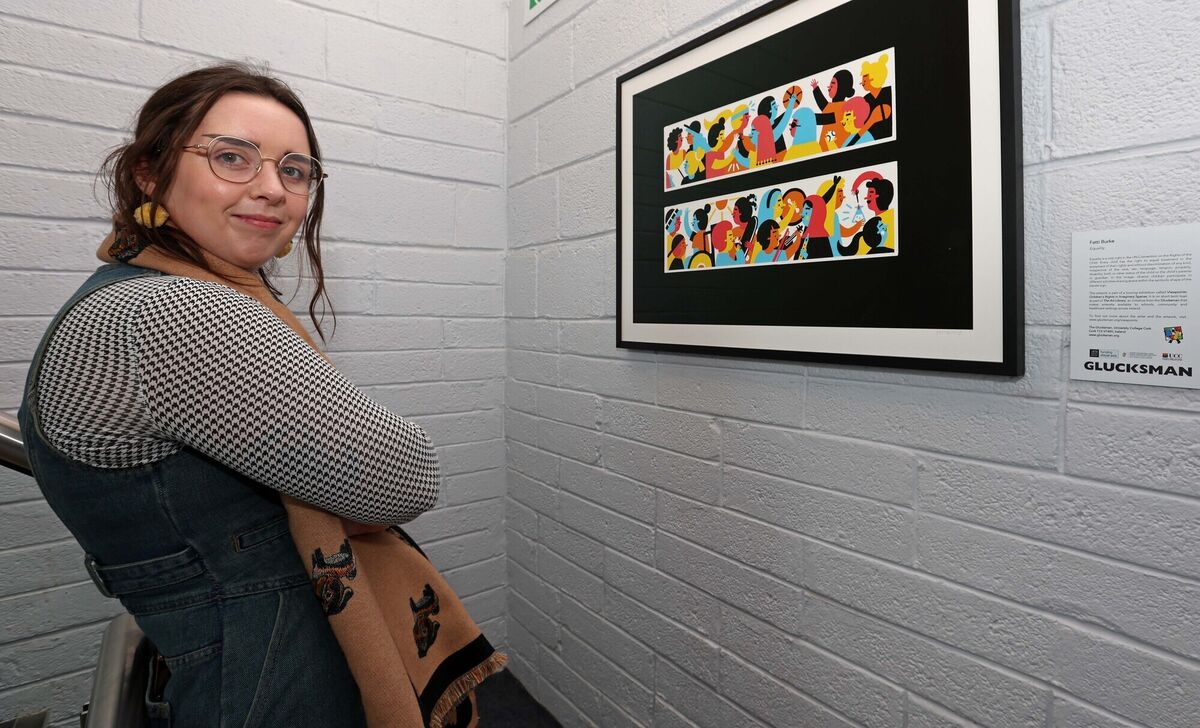 Nicola Sheehan, Art Teacher Mayfield Community Training Centre, along side art from the Glucksman Gallery UCC. Picture: Jim Coughlan. Nicola Sheehan, Art Teacher Mayfield Community Training Centre, along side art from the Glucksman Gallery UCC. Picture: Jim Coughlan.
