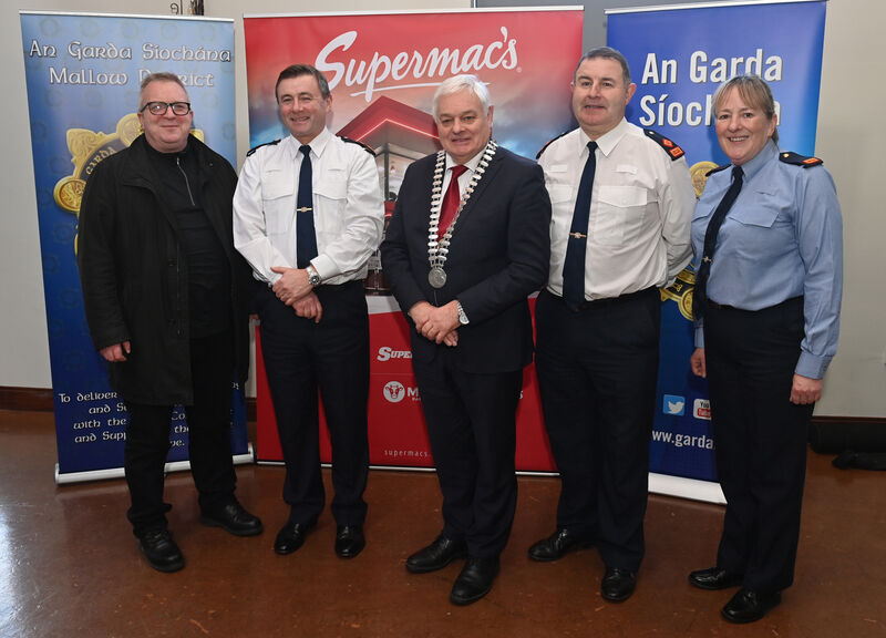 Padraig Naughton, Supermac's,Supt Gary McPolin, Mayor of County Cork, Cllr. Frank O'Flynn, Supt. Michael Corbett and Insp. Miriam Maquire. Picture Dan Linehan