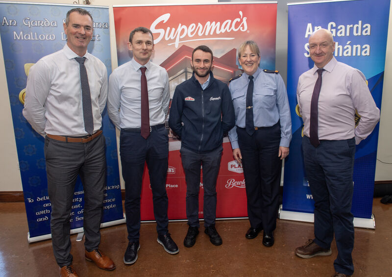  Juvenile liaison officers, Pat Hegarty, Paul Murphy, and John Hurley with Supermac's Evan Higgins and Insp. Miriam Maguire Picture Dan Linehan