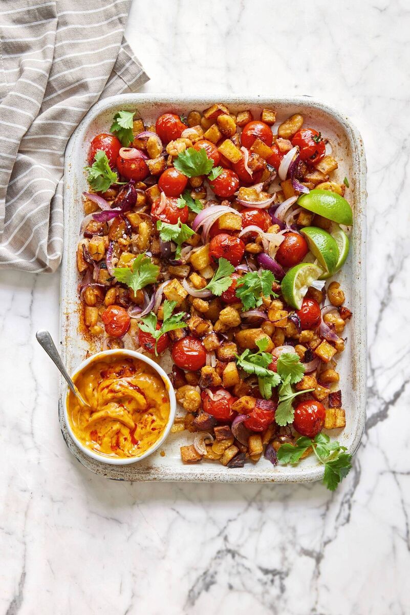 Crispy potato and paprika tray bake from Deliciously Ella: Healthy Made Simple by Ella Mills. Picture credit should read: Clare Winfield/PA.